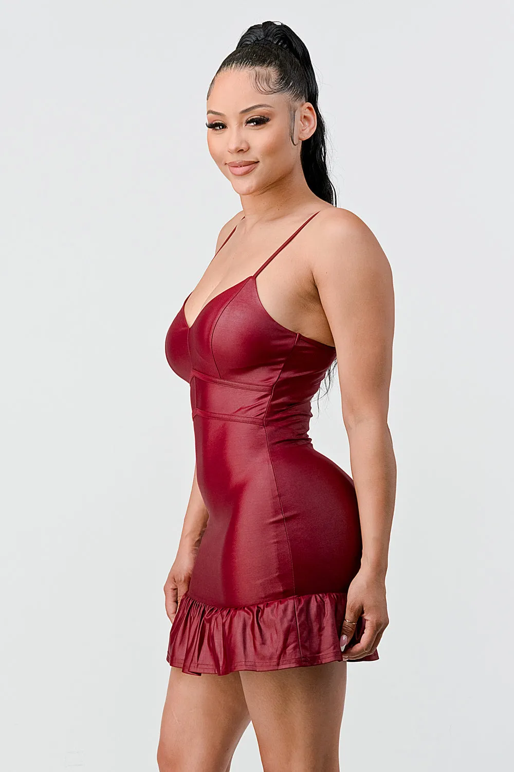 LUX COATING PU RUFFLED SLEEVELESS BODYCON MINI DRESS
