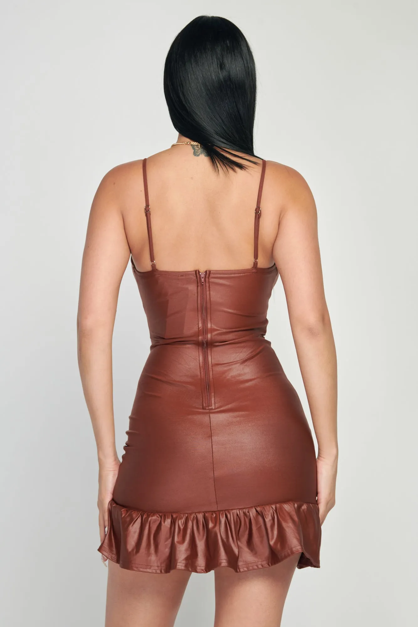 LUX COATING PU RUFFLED SLEEVELESS BODYCON MINI DRESS