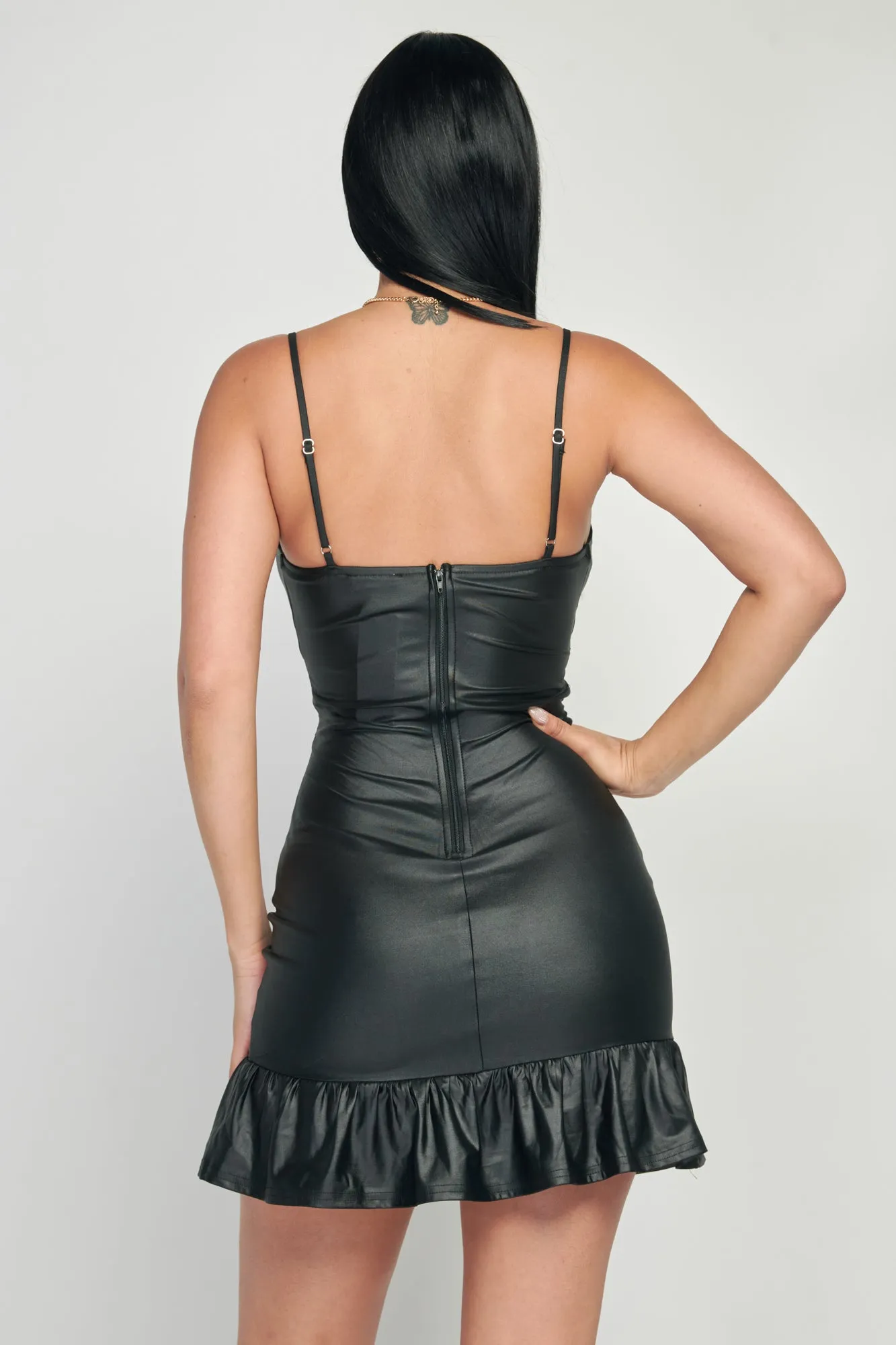 LUX COATING PU RUFFLED SLEEVELESS BODYCON MINI DRESS