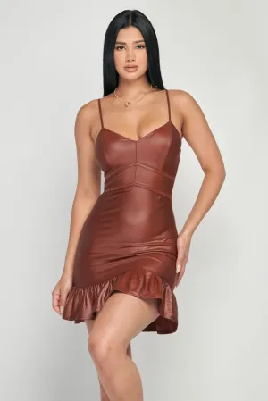 LUX COATING PU RUFFLED SLEEVELESS BODYCON MINI DRESS