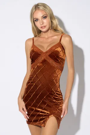 LUXE DIAMOND PATTERN VELVET LACE TRIM MINI DRESS