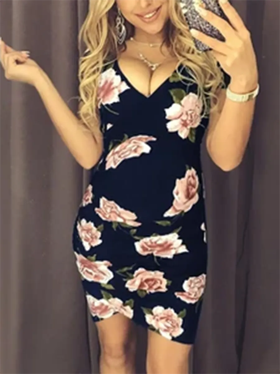 Maternity V-Neck Printing Bodycon Dress