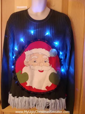 Mens Light Up Ugly Christmas Sweater Santa, Fringe