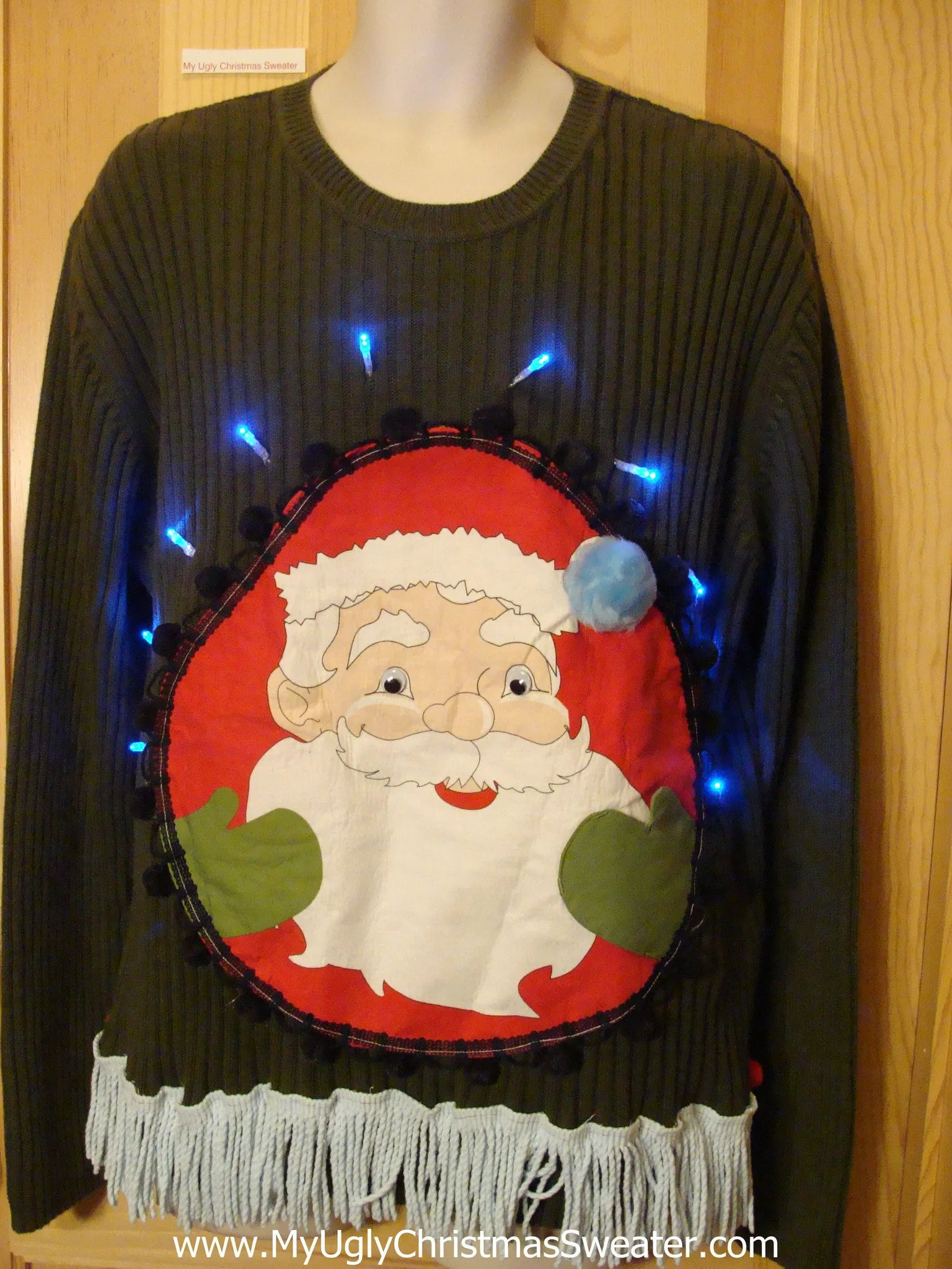 Mens Light Up Ugly Christmas Sweater Santa, Fringe
