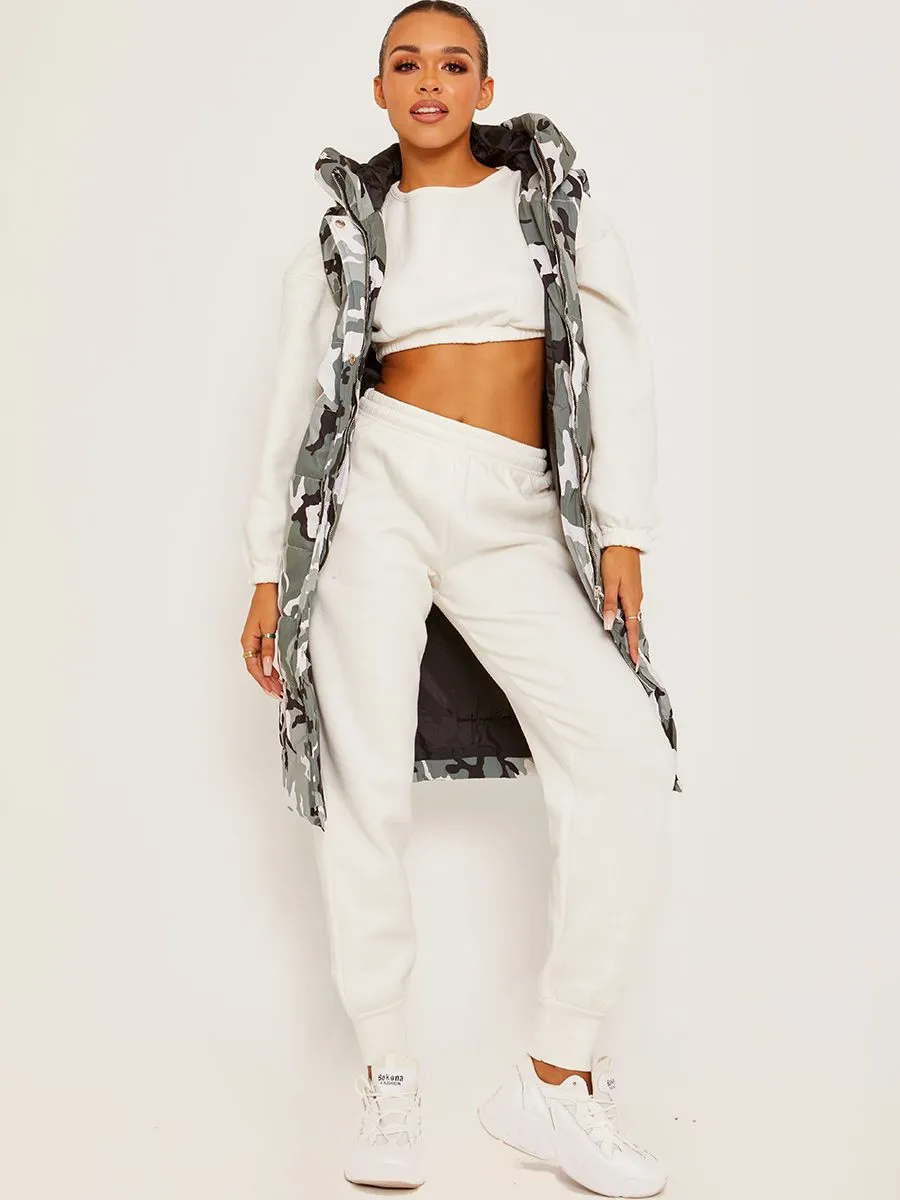 Michele Camouflage Longline Padded Hooded Gilet In Grey