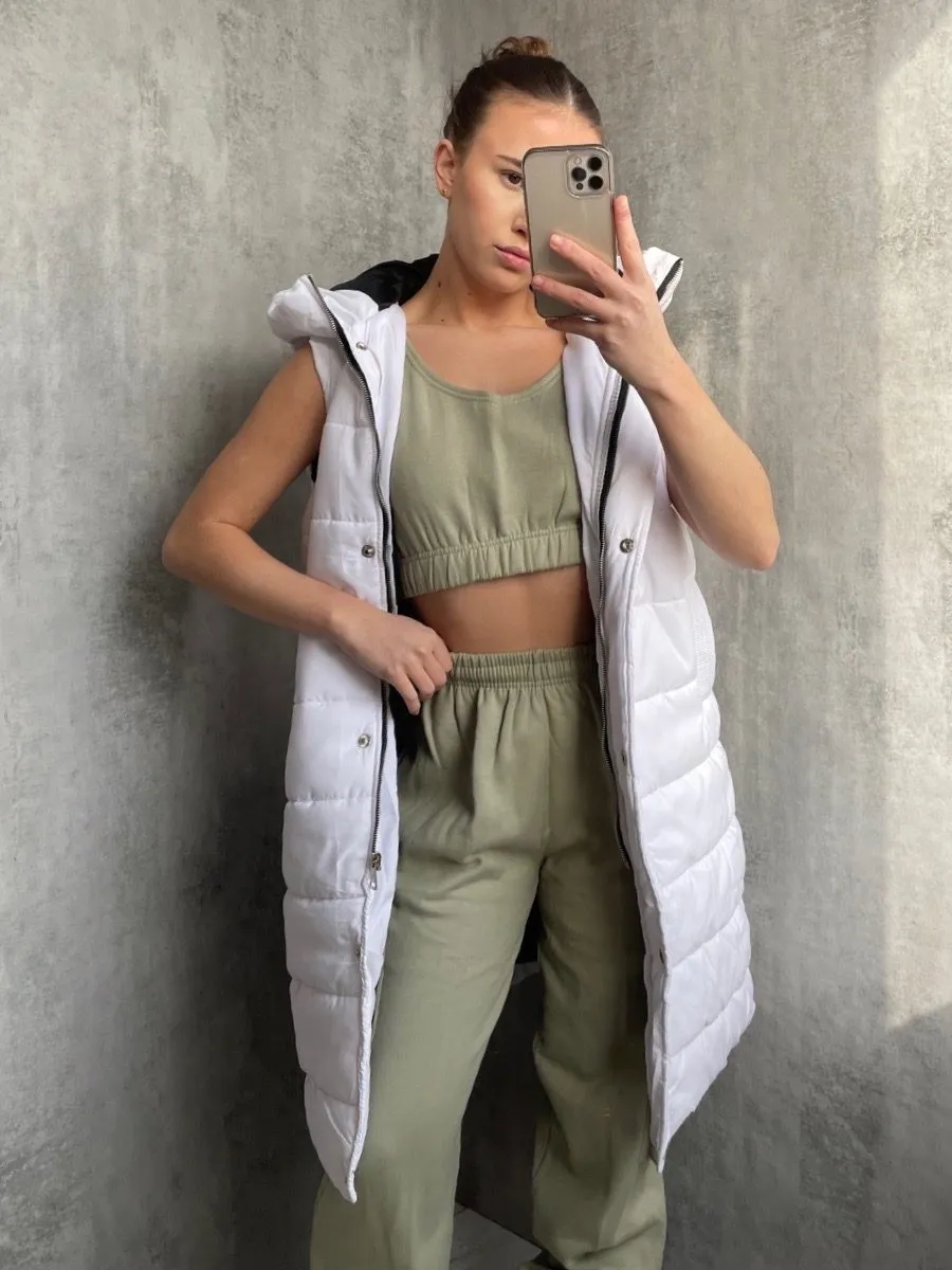 Michele Longline Hooded Puffer Gilet In White