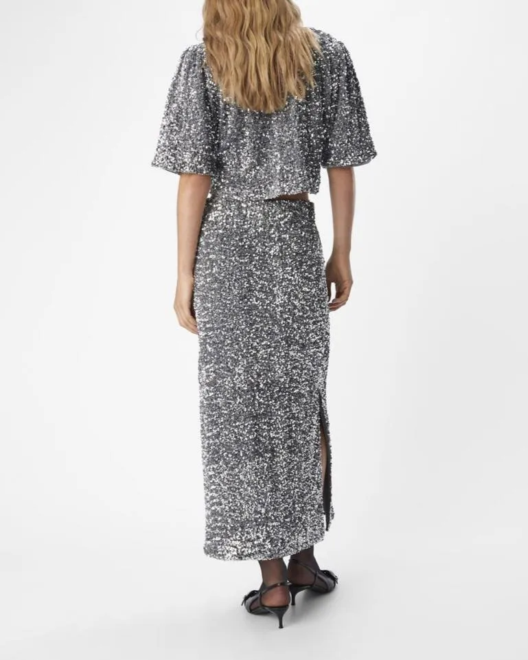 OBKINNE HW LONG SKIRT | ASPHALT/SILVER SEQUIN