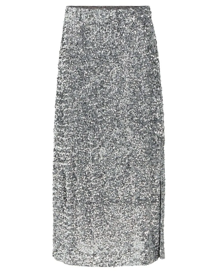 OBKINNE HW LONG SKIRT | ASPHALT/SILVER SEQUIN