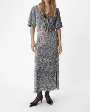 OBKINNE HW LONG SKIRT | ASPHALT/SILVER SEQUIN