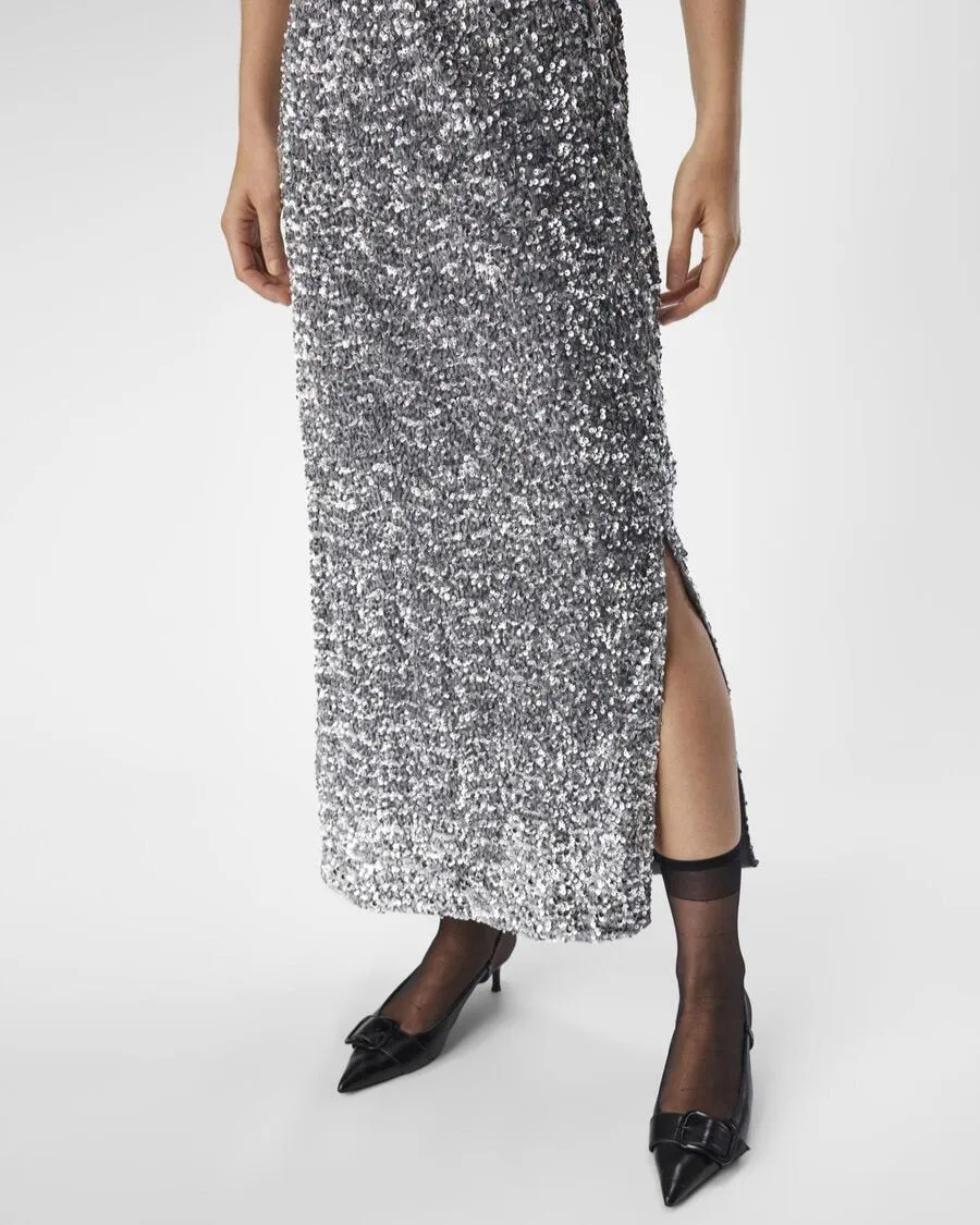 OBKINNE HW LONG SKIRT | ASPHALT/SILVER SEQUIN