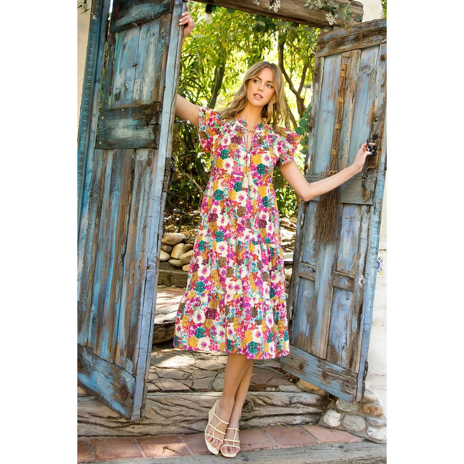 Phoebe Tassel Tie Tiered Print THML Dress-SALE