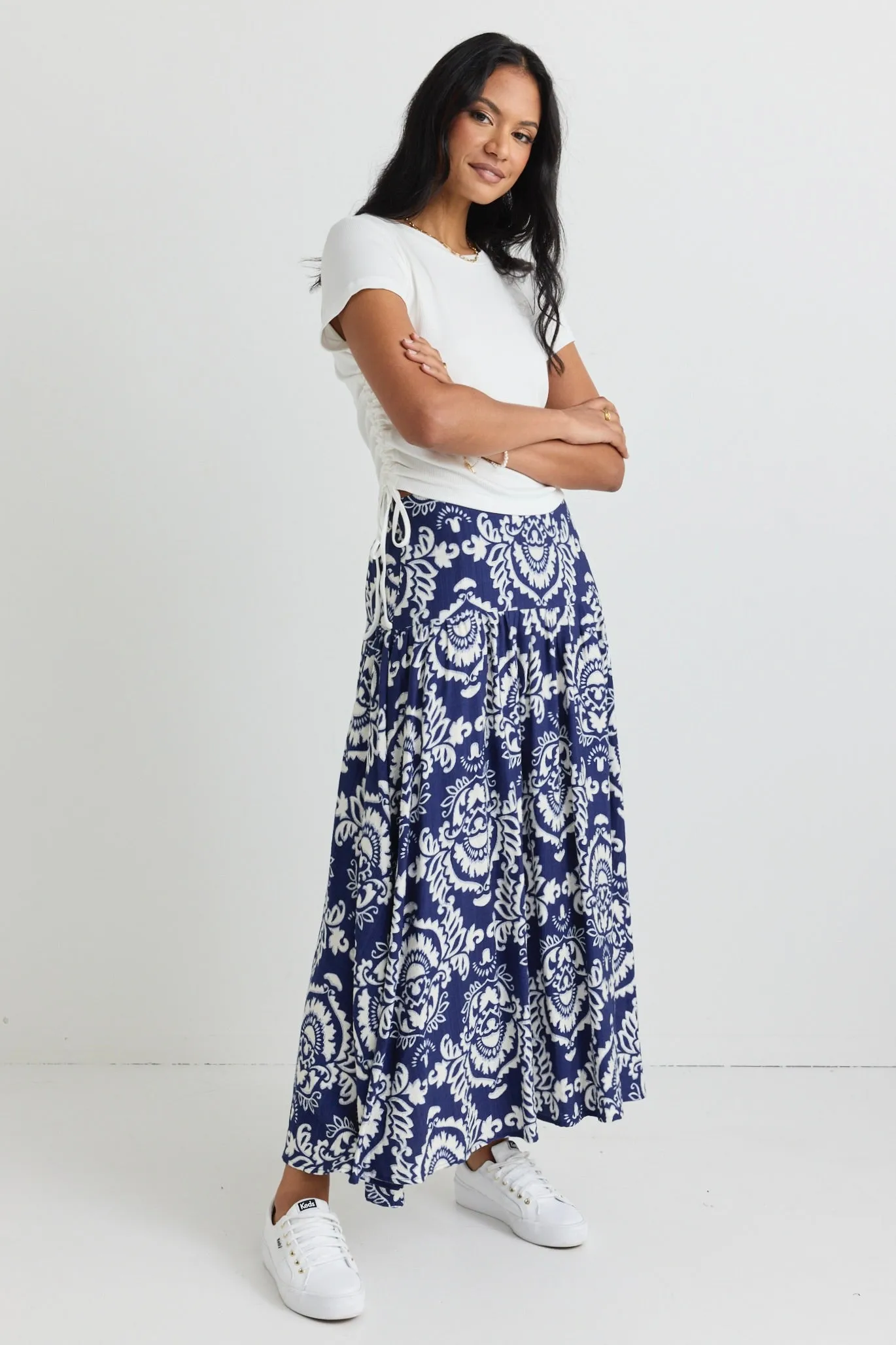 Pisces Navy Tile Print Tiered Split Front Maxi Skirt