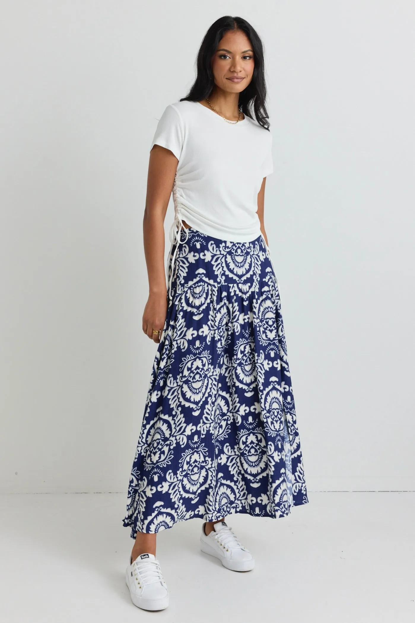 Pisces Navy Tile Print Tiered Split Front Maxi Skirt
