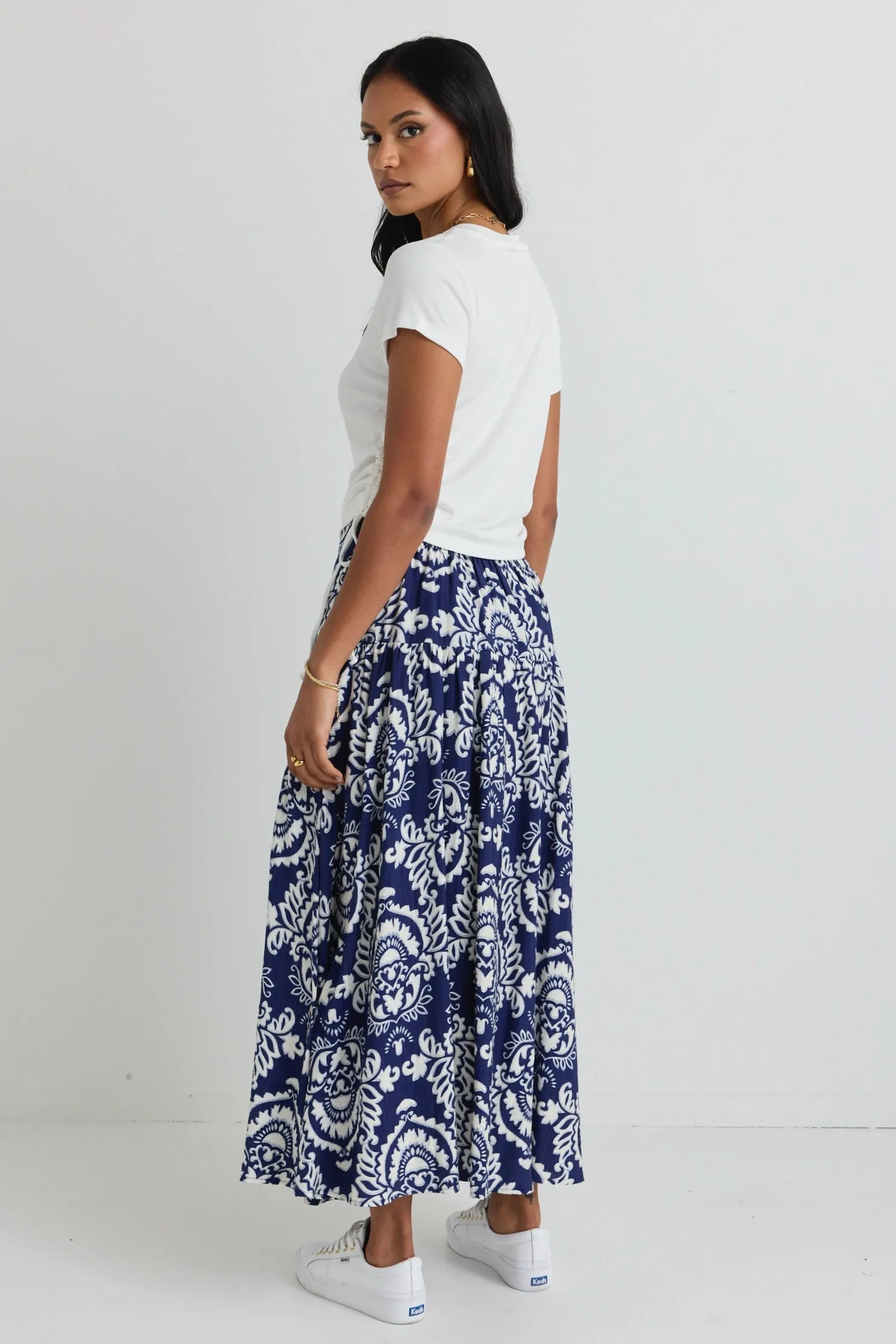 Pisces Navy Tile Print Tiered Split Front Maxi Skirt