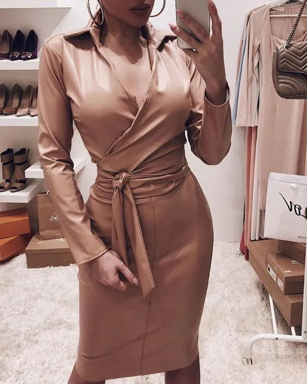 Pu leather v-neck slim sexy hip dress