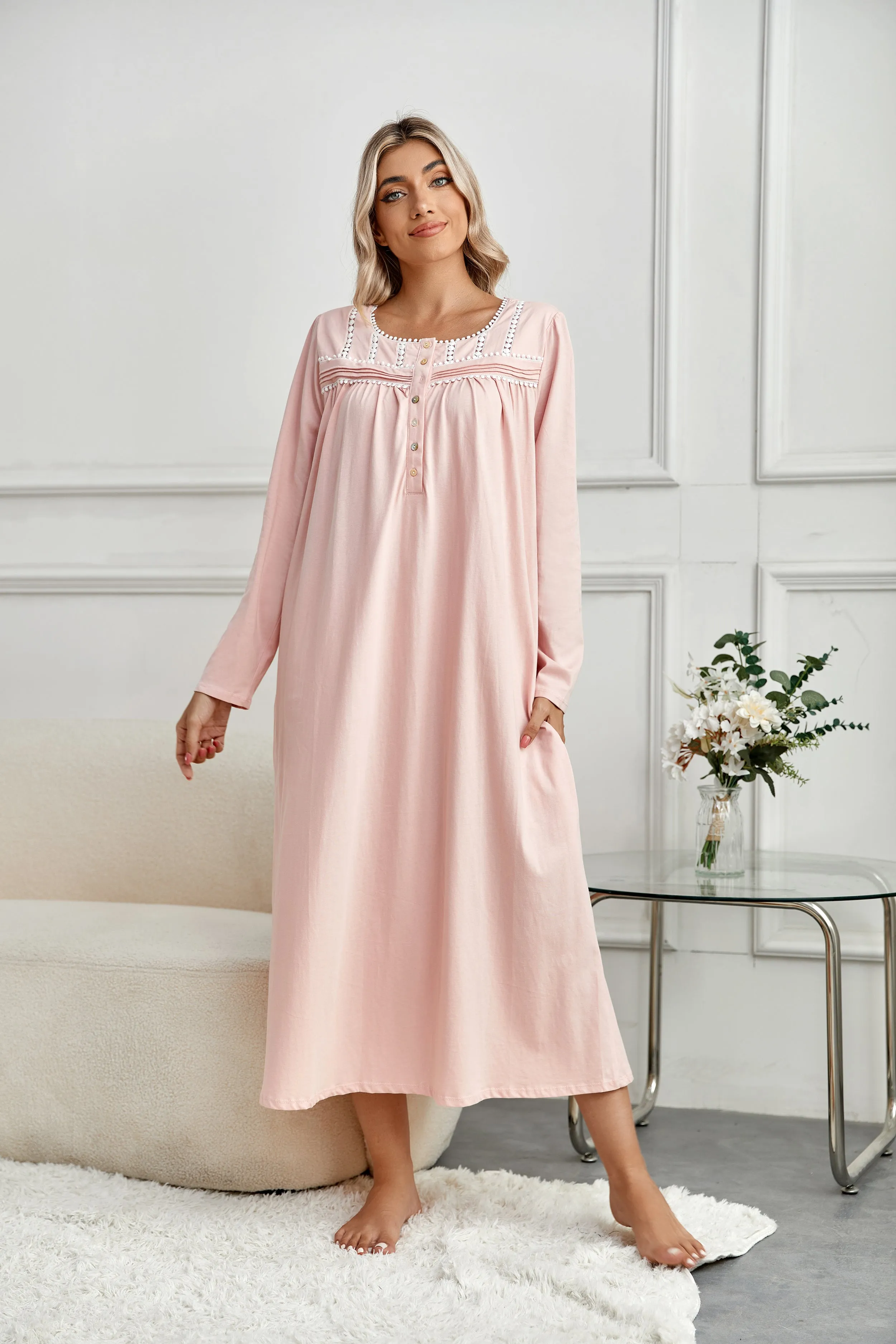 Richie House RH Nightgown Women's Long Sleeve Sleepwear Full Length Nightshirt Cotton Sleep Gowns RHW4058
