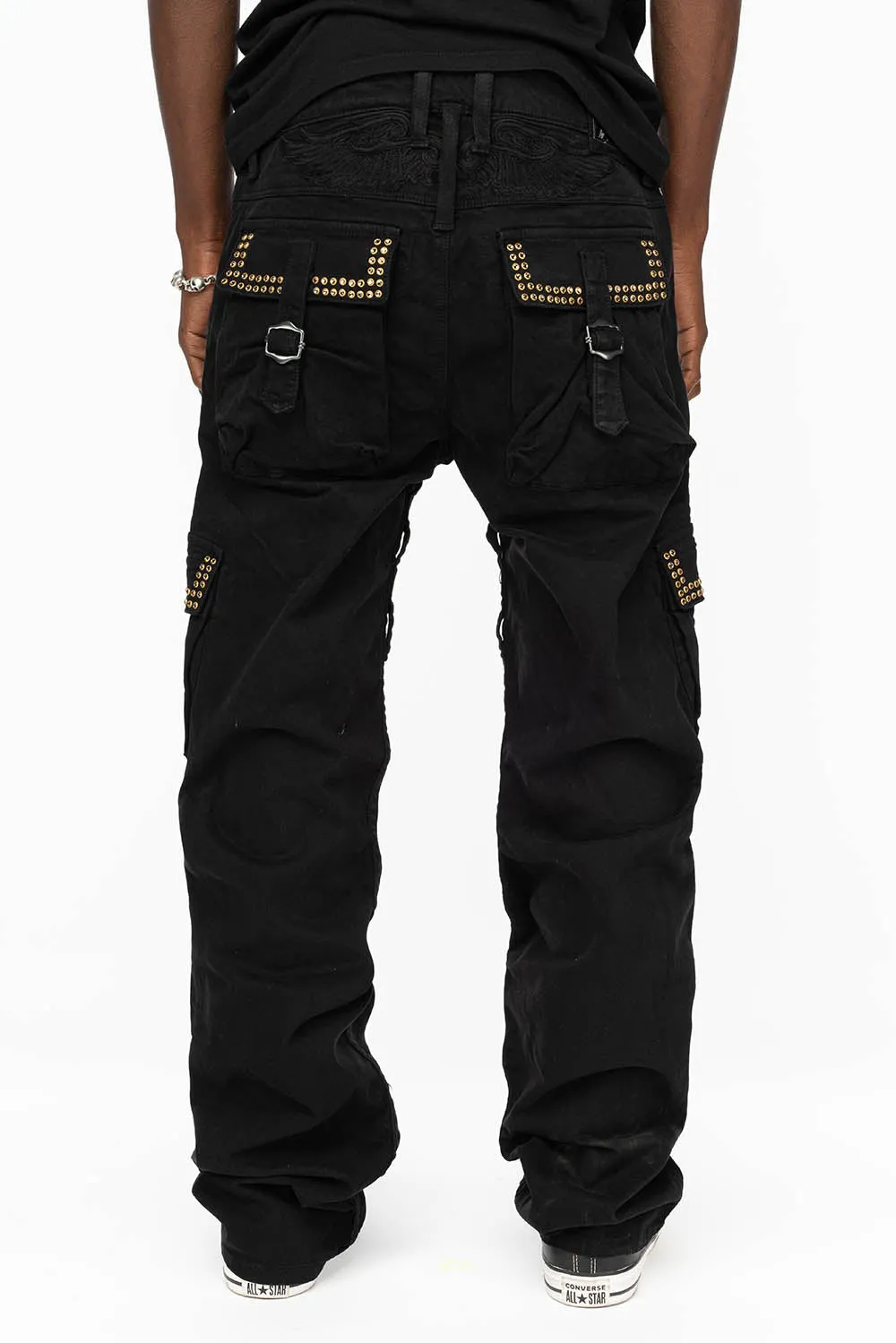 ROBINS NEW MILITARY STYLE CARGO PANTS IN BLACK WITH BLK DIAMOND CRYSTALS