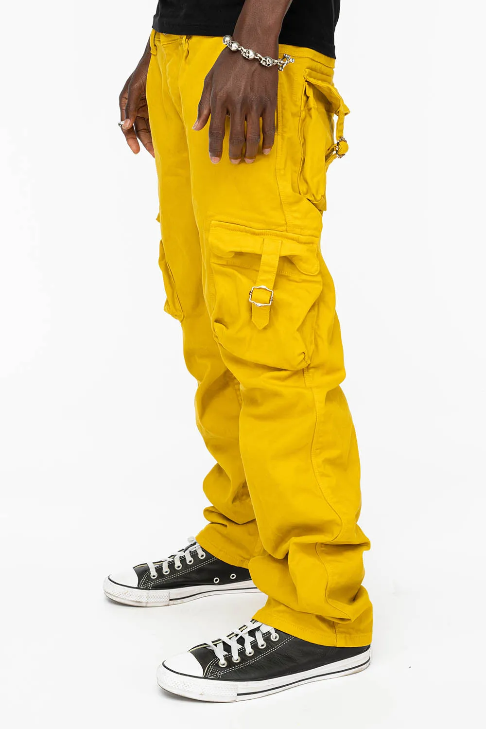 ROBINS NEW MILITARY STYLE CARGO PANTS IN MUSTARD COLOR WASH