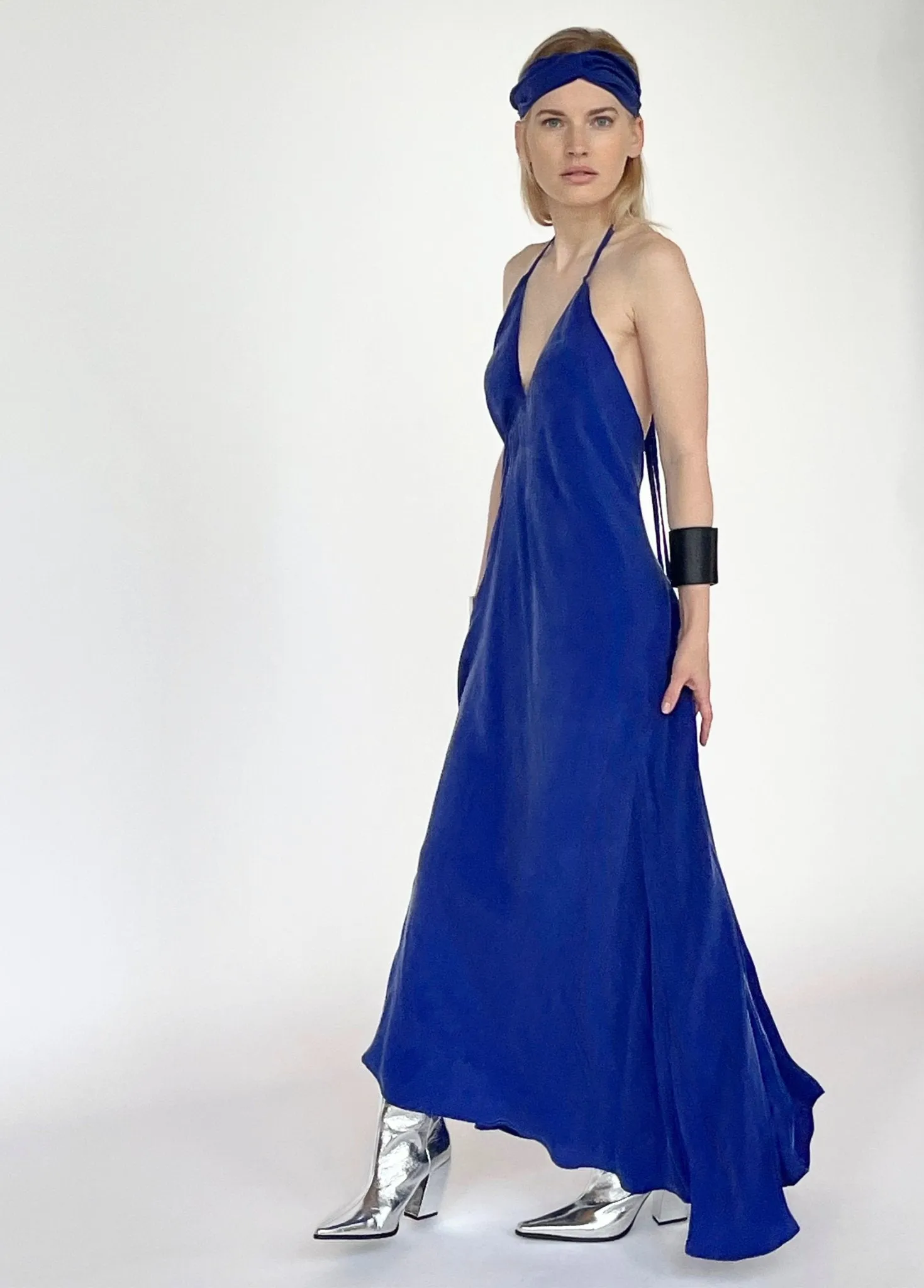 Royal Blue Cupro Silk Trapeze Dress/open Back long dress/ one size