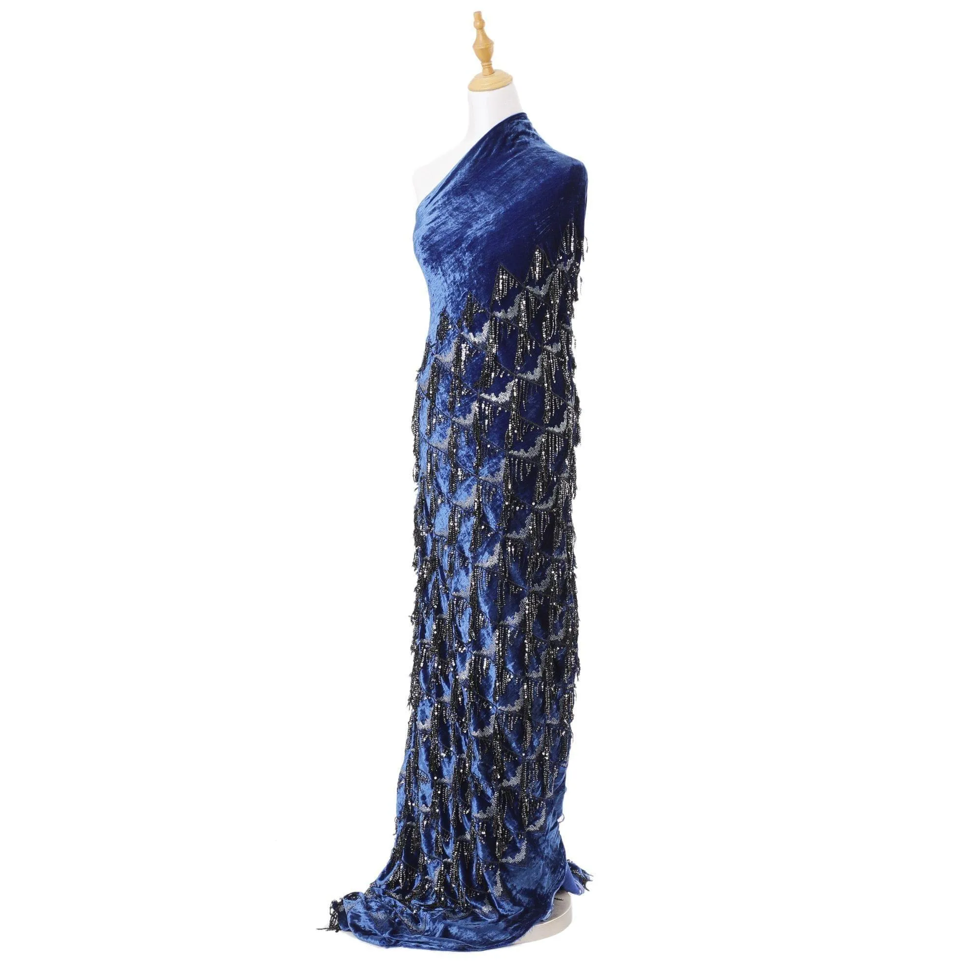 Royal blue silk blended velvet fabric with black embroidery having black and silver sequins in fancy design-D6085