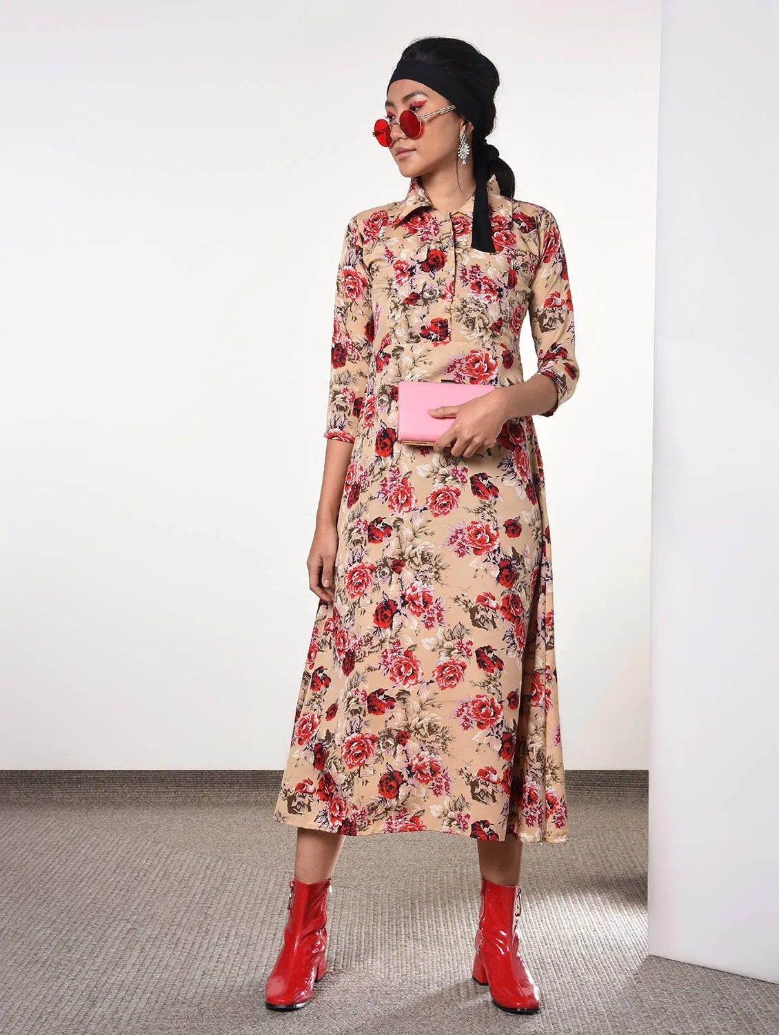 Shirt collar floral A-line dress