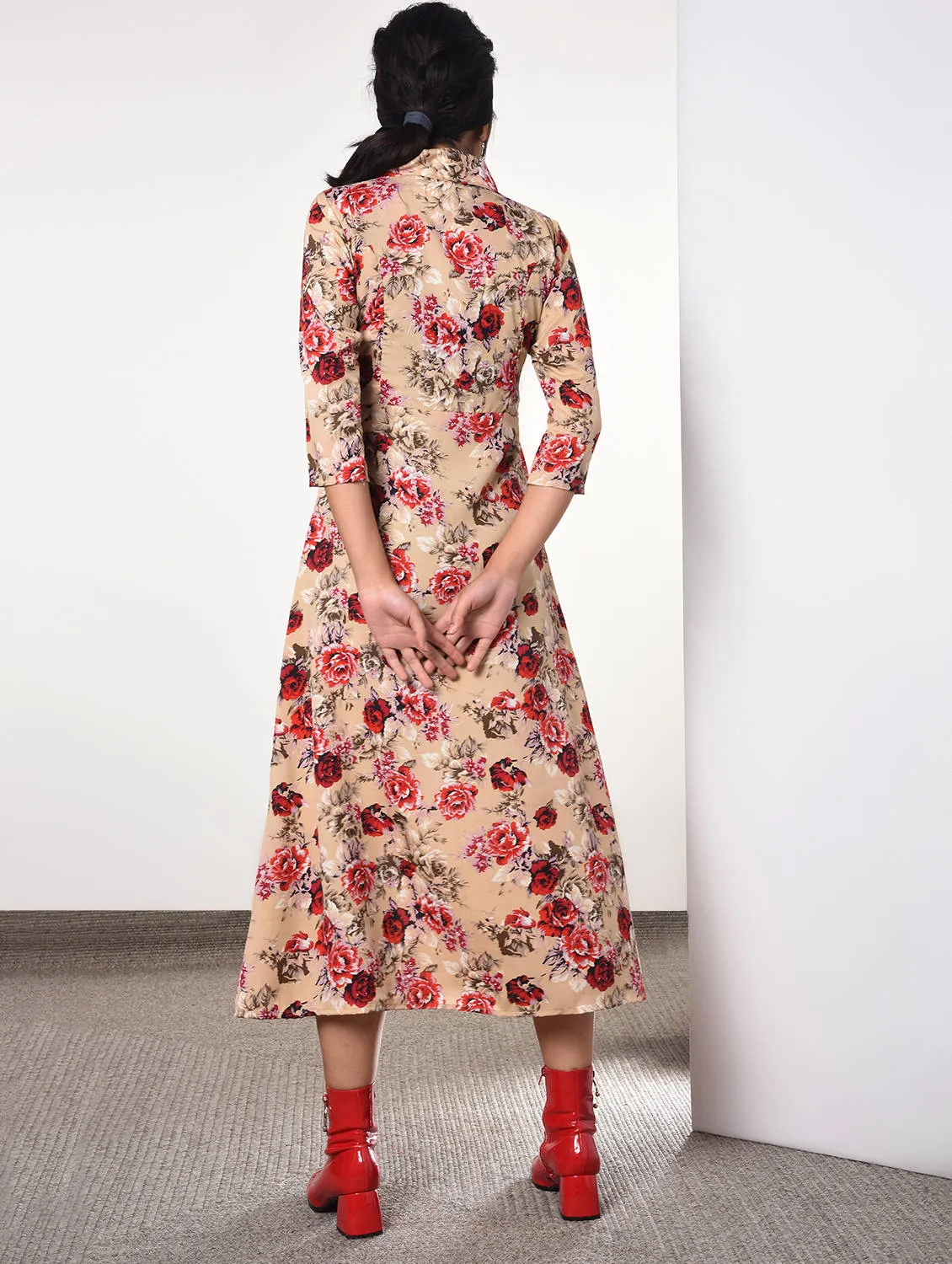 Shirt collar floral A-line dress