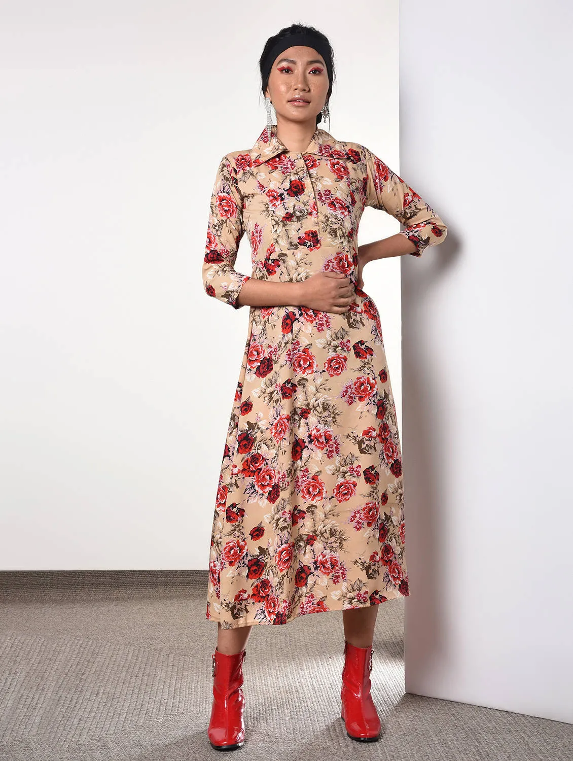 Shirt collar floral A-line dress
