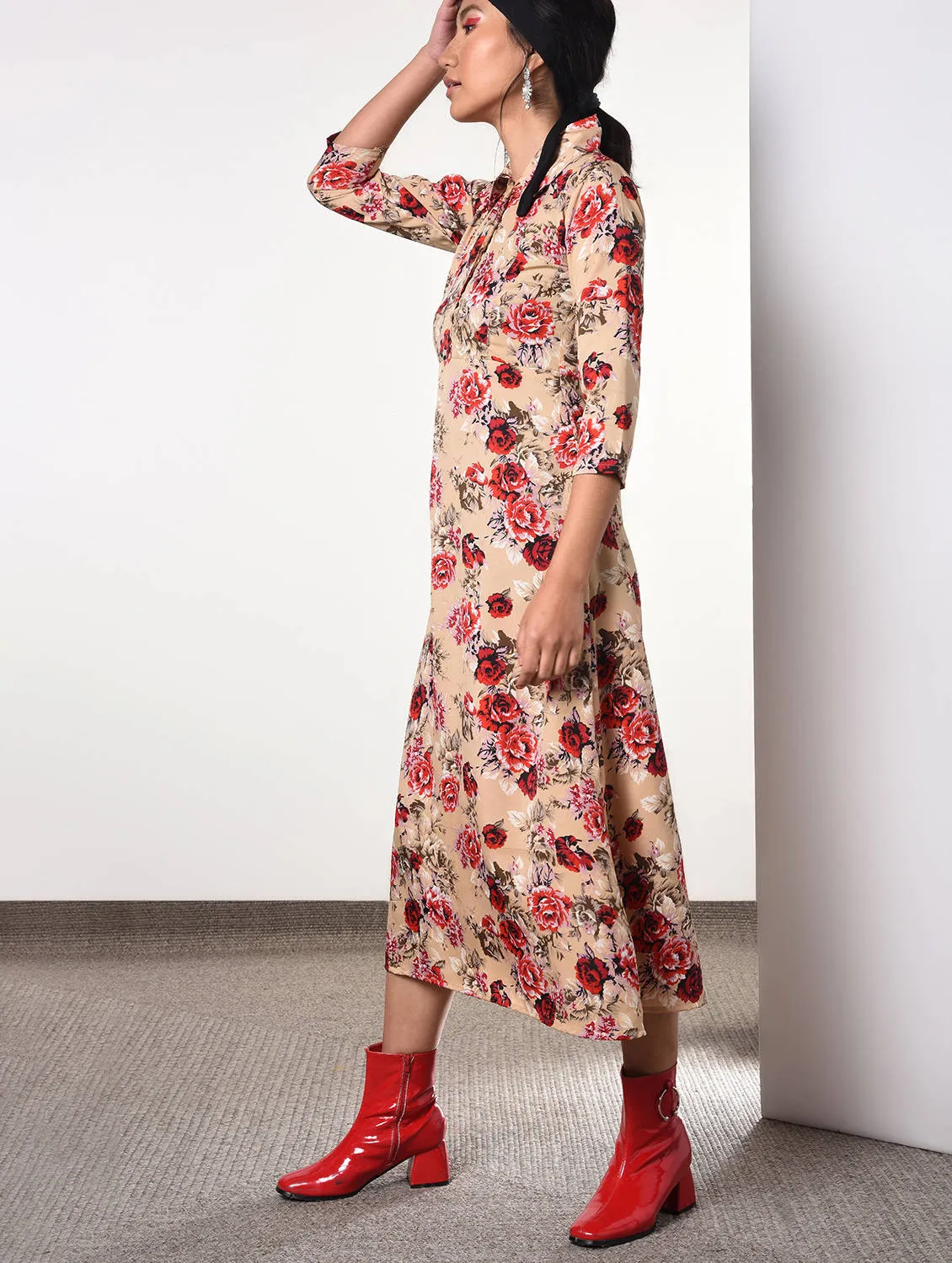 Shirt collar floral A-line dress