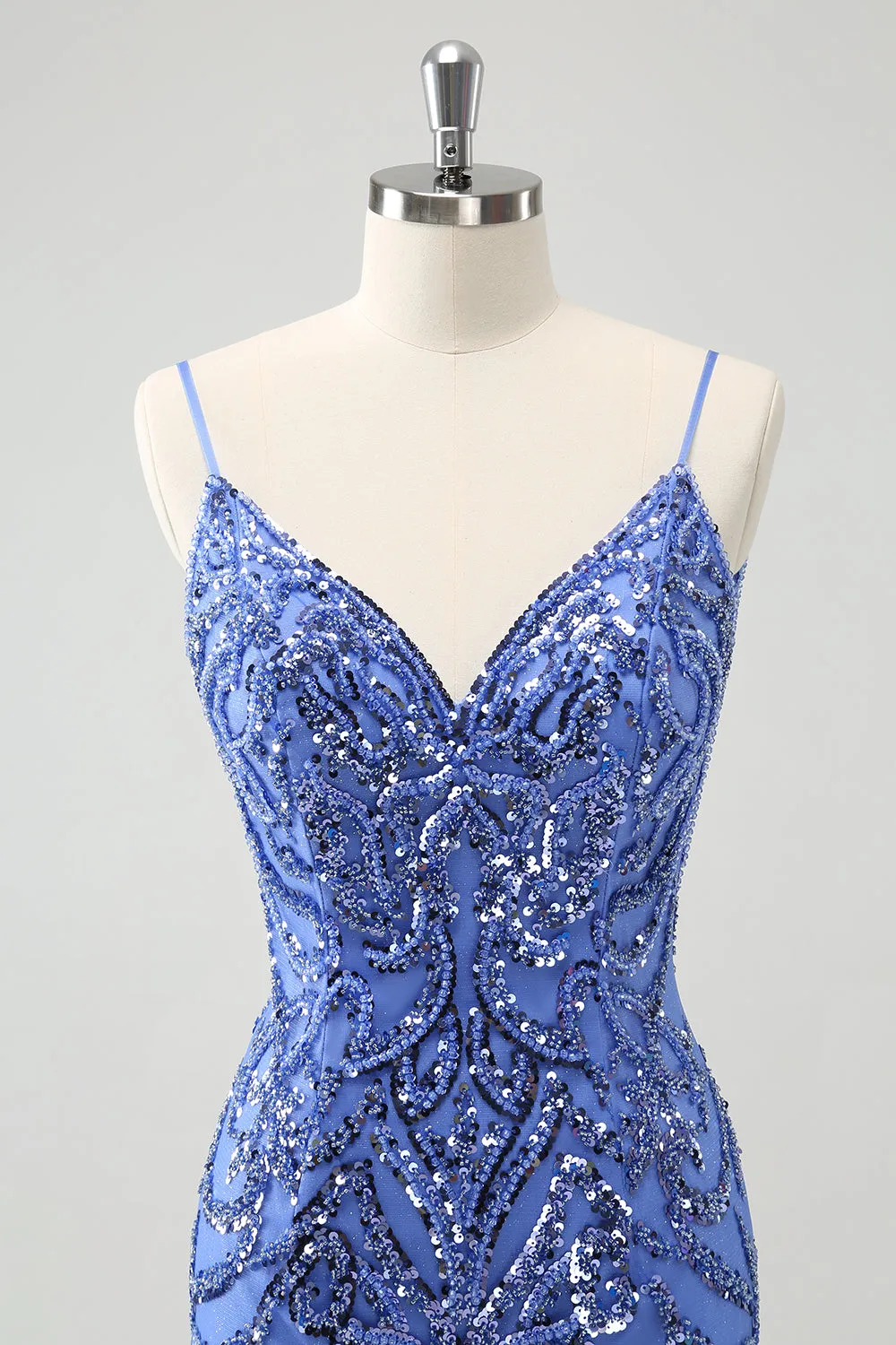 Sparkly Blue Spaghetti Straps Tight Sequin Short Homecoming Dress