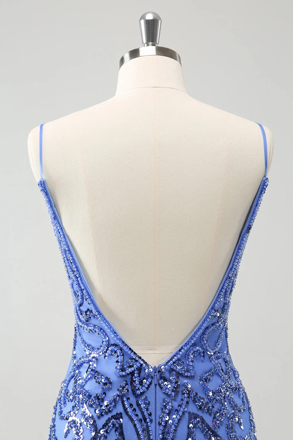 Sparkly Blue Spaghetti Straps Tight Sequin Short Homecoming Dress