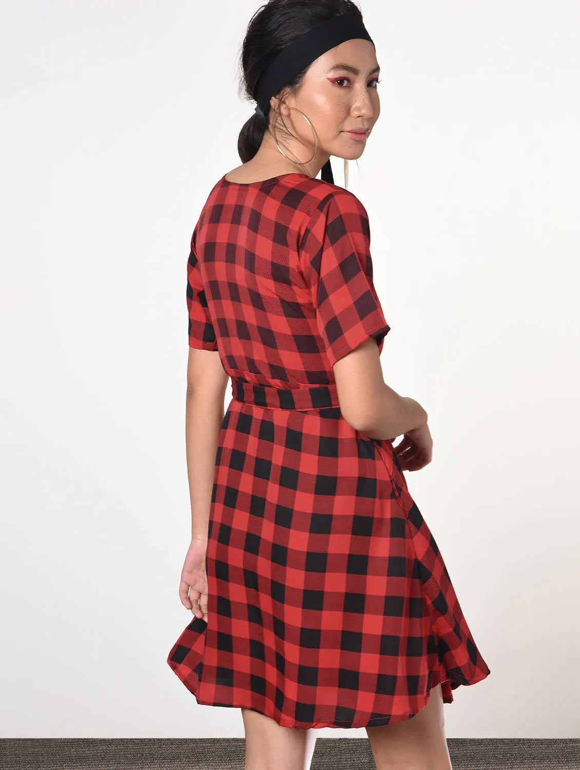 Tie back checkered a-line dress