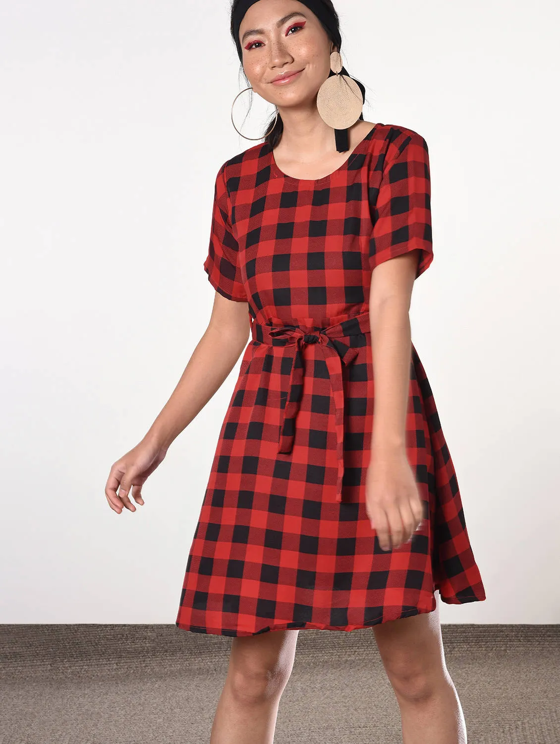 Tie back checkered a-line dress