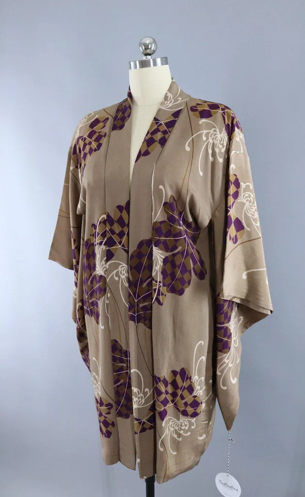 Vintage 1920s Silk Kimono Cardigan Jacket / Taupe Chrysanthemum Floral