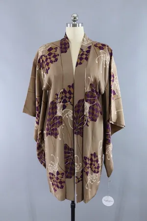 Vintage 1920s Silk Kimono Cardigan Jacket / Taupe Chrysanthemum Floral