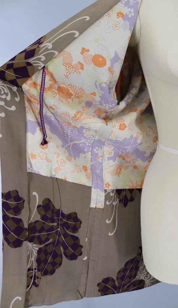 Vintage 1920s Silk Kimono Cardigan Jacket / Taupe Chrysanthemum Floral