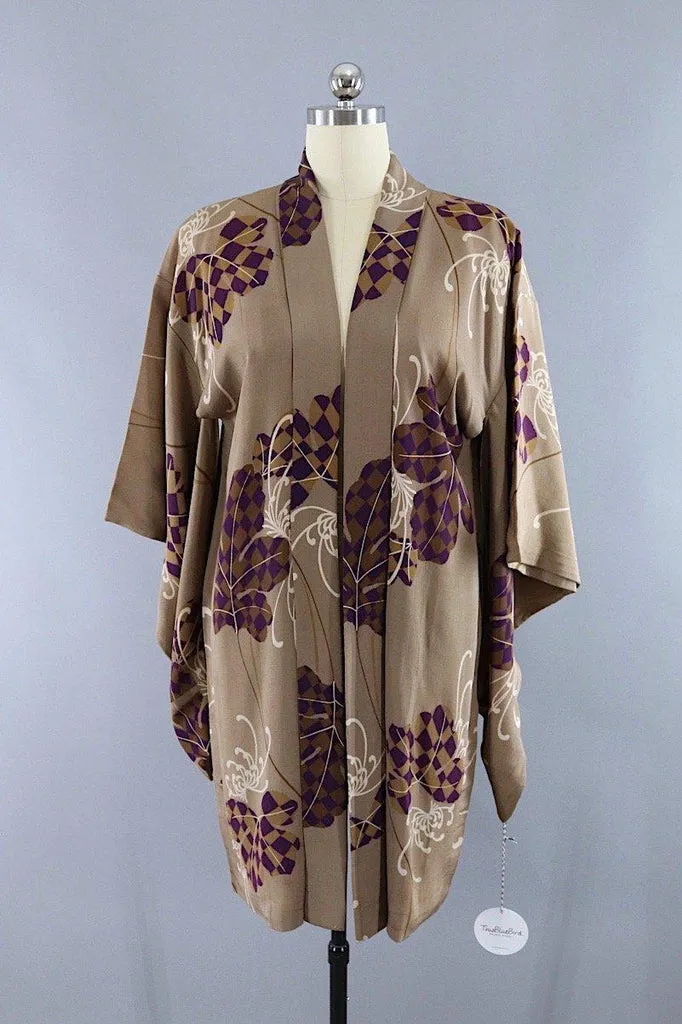 Vintage 1920s Silk Kimono Cardigan Jacket / Taupe Chrysanthemum Floral