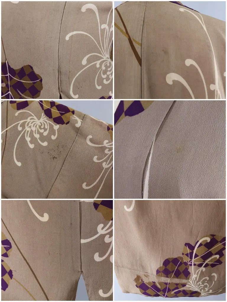 Vintage 1920s Silk Kimono Cardigan Jacket / Taupe Chrysanthemum Floral