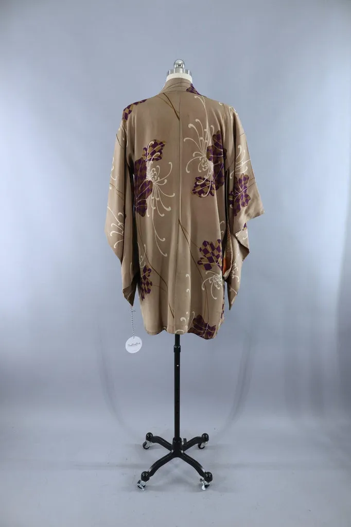 Vintage 1920s Silk Kimono Cardigan Jacket / Taupe Chrysanthemum Floral