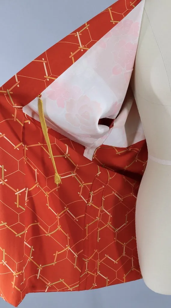 Vintage Silk Kimono Cardigan / Orange Lattice Print