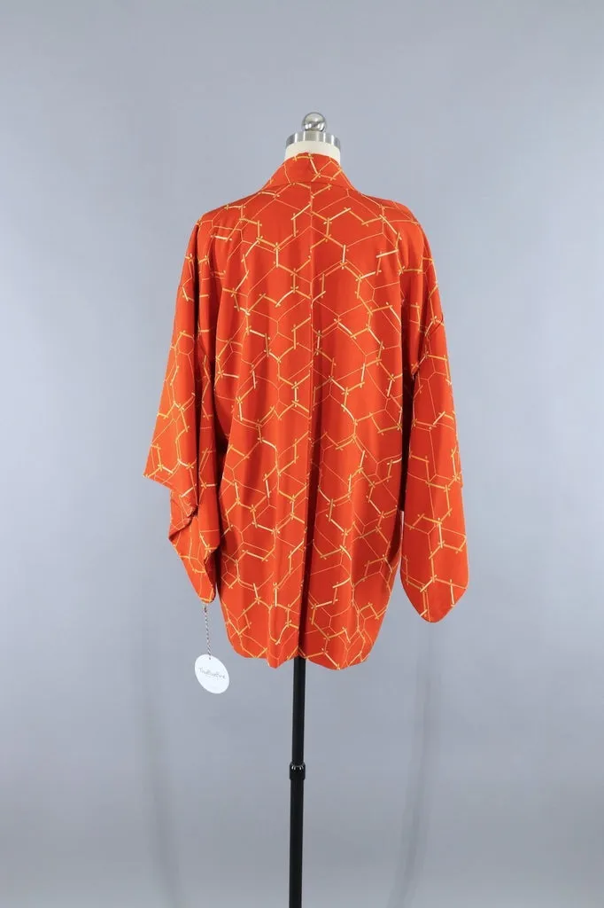 Vintage Silk Kimono Cardigan / Orange Lattice Print