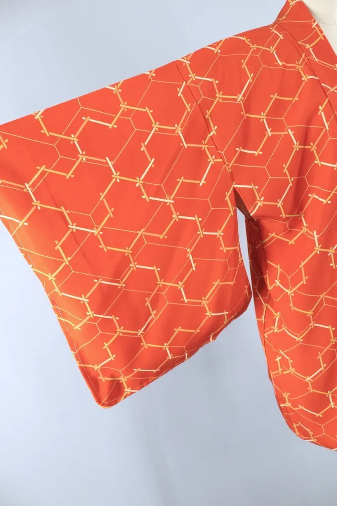 Vintage Silk Kimono Cardigan / Orange Lattice Print