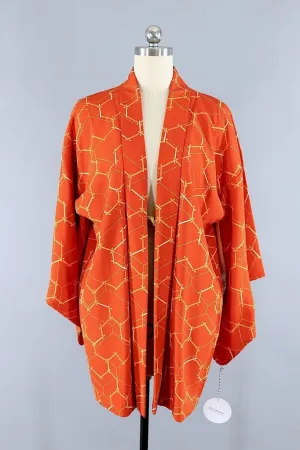 Vintage Silk Kimono Cardigan / Orange Lattice Print