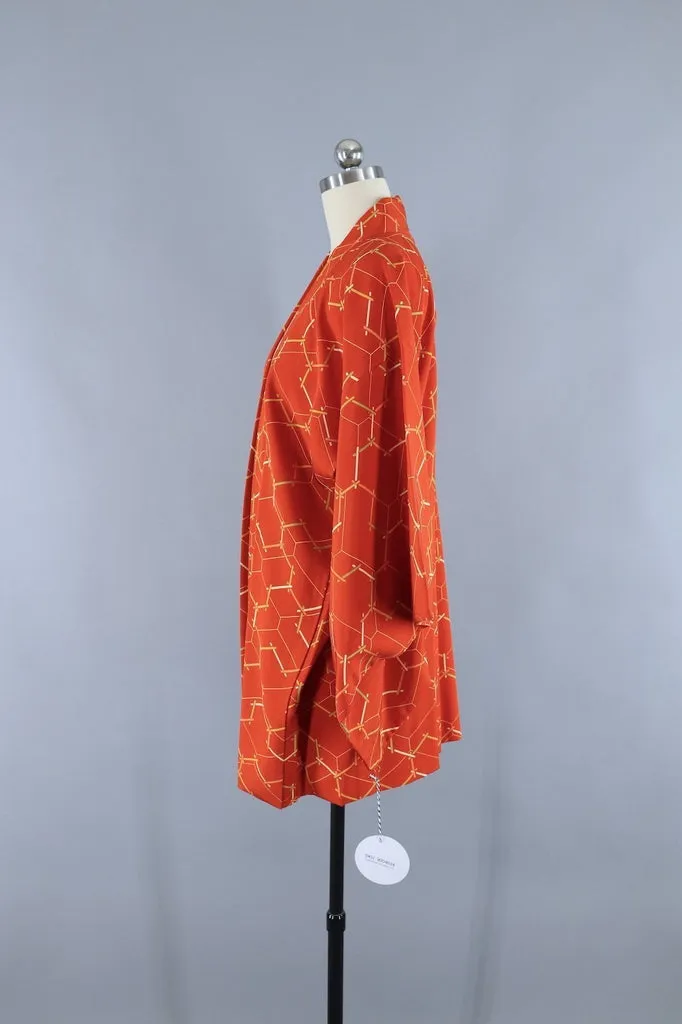 Vintage Silk Kimono Cardigan / Orange Lattice Print