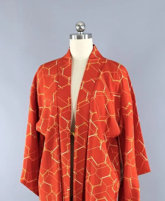 Vintage Silk Kimono Cardigan / Orange Lattice Print