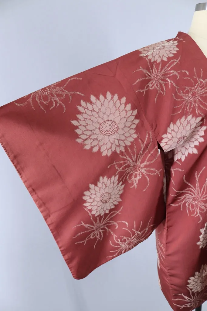Vintage Silk Kimono Jacket / Copper Brown Floral Embroidery