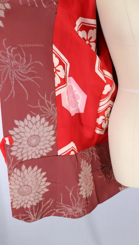 Vintage Silk Kimono Jacket / Copper Brown Floral Embroidery