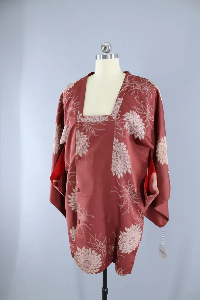 Vintage Silk Kimono Jacket / Copper Brown Floral Embroidery