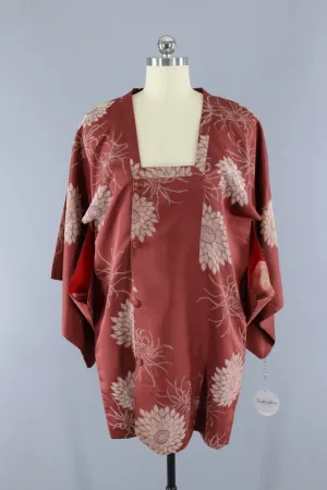 Vintage Silk Kimono Jacket / Copper Brown Floral Embroidery