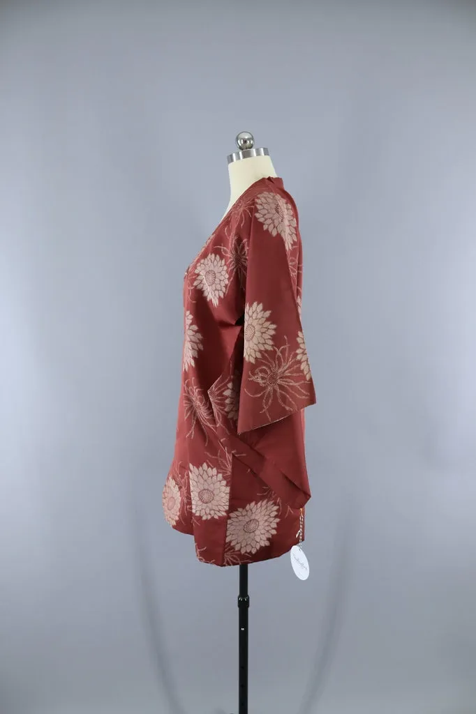 Vintage Silk Kimono Jacket / Copper Brown Floral Embroidery