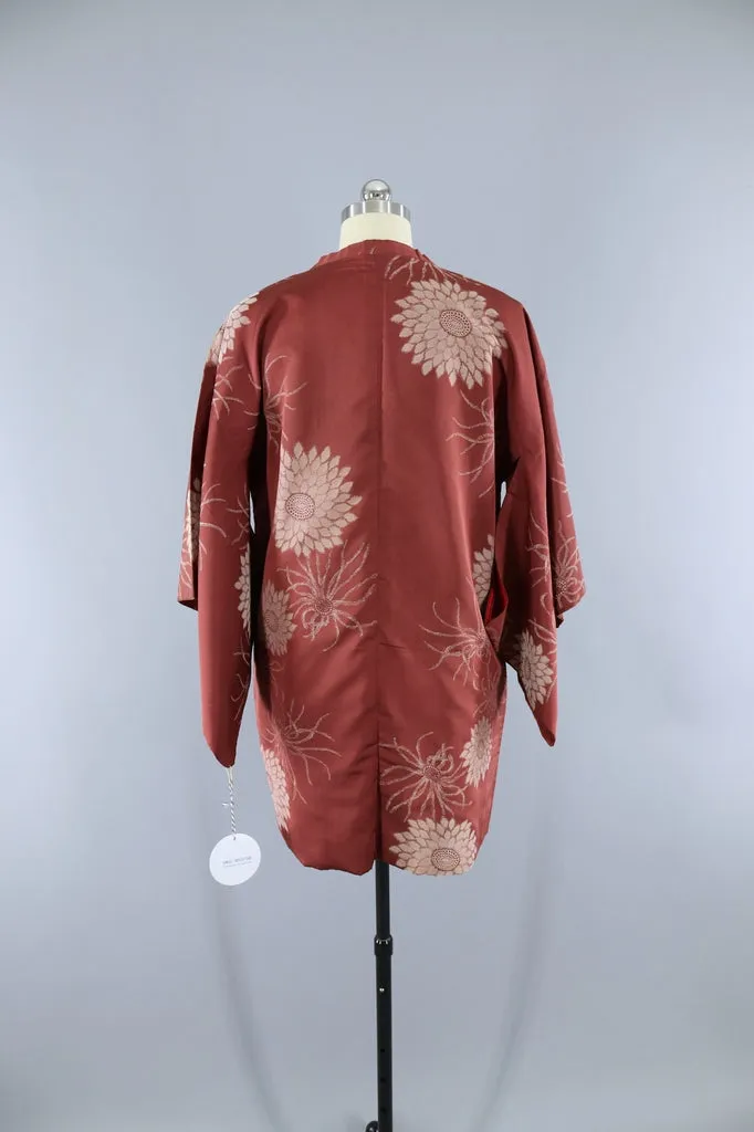 Vintage Silk Kimono Jacket / Copper Brown Floral Embroidery